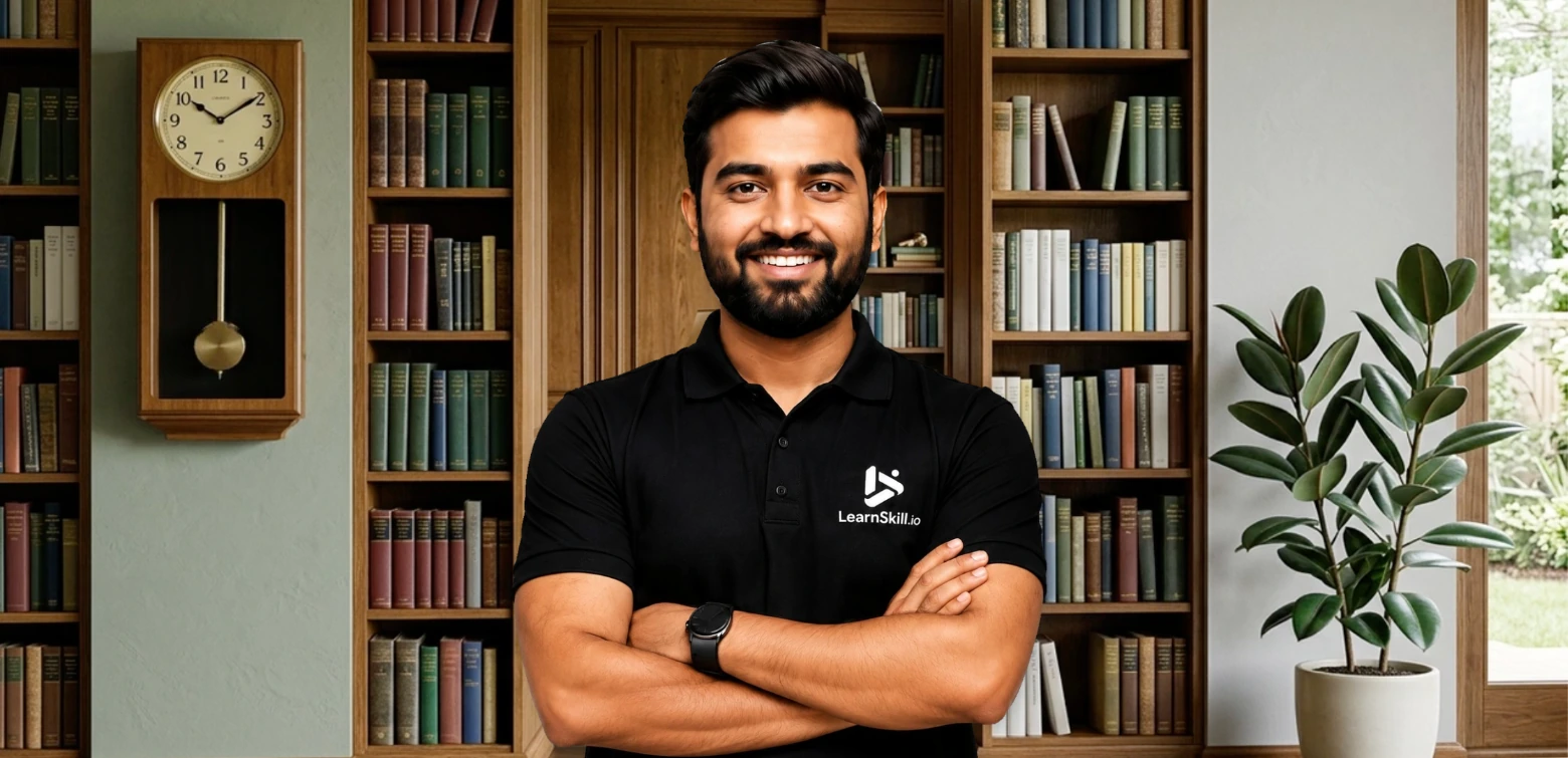 Aarav Sir, LearnSkill’s AI tutor, in a library with bookshelves, a wooden clock, and a plant.