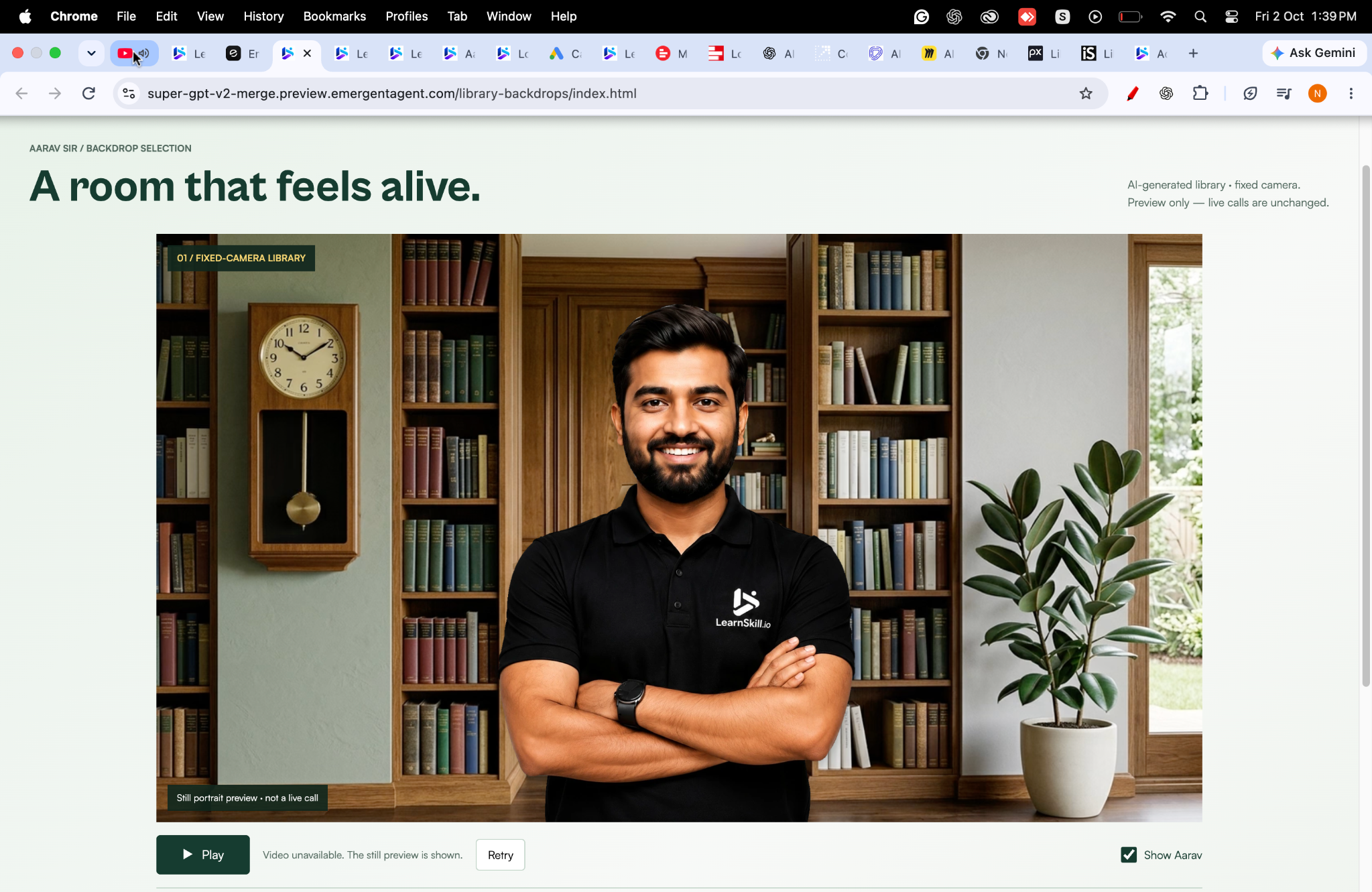 Aarav Sir, LearnSkill’s AI tutor, smiling in a warm library with bookshelves, a wooden clock, and a plant.